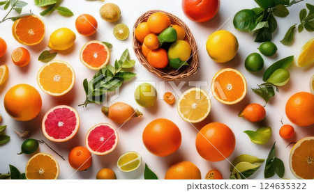 AI image: Citrus fruits lined up on a white background 124635322