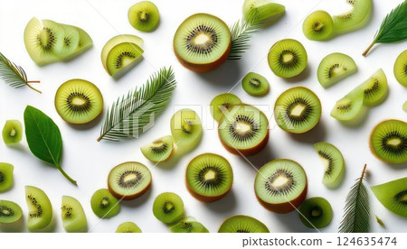 AI image: Kiwi fruits lined up on a white background 124635474