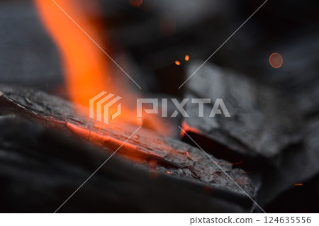 Charcoal, fire starter, flame 124635556