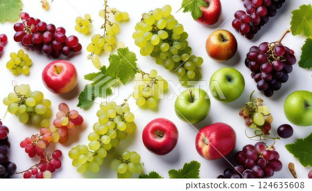 AI 圖片：在白色背景上排列的葡萄和麝香葡萄酒 124635608