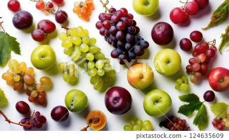 AI 圖片:在白色背景上排列的葡萄和麝香葡萄酒 AI 圖片:在白色背景上排列的葡萄和麝香葡萄酒 124635609