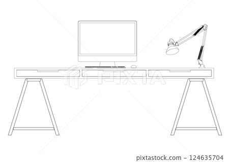 The contour of the workplace with a computer on the table and a lamp made of black lines isolated on a white background. Front view. 3D. Vector illustration. The contour of the workplace with a computer on the table and a lamp made of black lines isolated on a white background. Front view. 3D. Vector illustration. 124635704