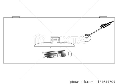 The contour of the workplace with a computer on the table and a lamp made of black lines isolated on a white background. View from above. 3D. Vector illustration. The contour of the workplace with a computer on the table and a lamp made of black lines isolated on a white background. View from above. 3D. Vector illustration. 124635705
