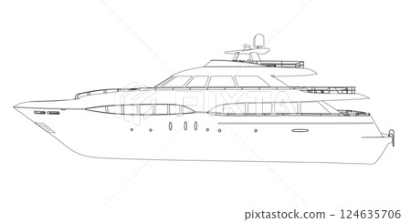 Outline of a large luxury yacht from black lines isolated on a white background. Side view. 3D. Vector illustration. Outline of a large luxury yacht from black lines isolated on a white background. Side view. 3D. Vector illustration. 124635706