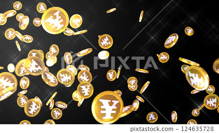Yen coins falling from the upper left - black background 124635728