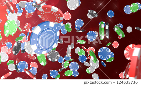 Casino chips raining down from the top left - Red background Casino chips raining down from the top left - Red background 124635730