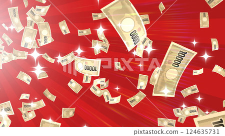 鈔票從左上角落下 — 紅色背景 124635731