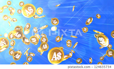 澳幣硬幣從左上方雨般落下 — — 藍色背景 124635734