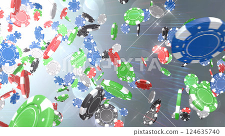 Casino chips raining down from the top left - Silver background Casino chips raining down from the top left - Silver background 124635740
