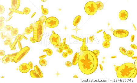 日圓硬幣從左上角落下 — — 白色背景 124635742