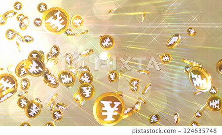 日元硬幣從左上角落下 — — 金色背景 日元硬幣從左上角落下 — — 金色背景 124635748