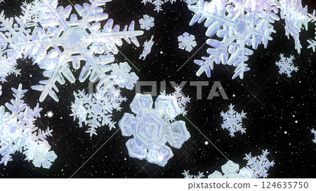 Snowflakes falling from the upper left - black background Snowflakes falling from the upper left - black background 124635750