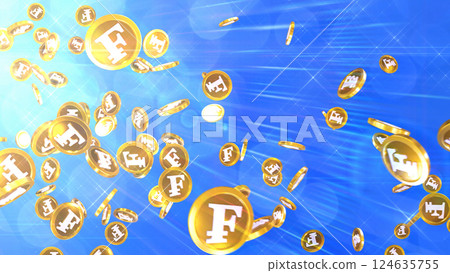 Swiss franc coins falling from the top left - blue background Swiss franc coins falling from the top left - blue background 124635755