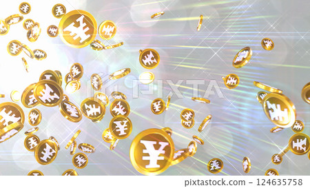 日圓硬幣從左上角落下 — — 銀色背景 124635758