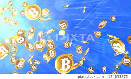 Bitcoins raining down from the top left - Blue background Bitcoins raining down from the top left - Blue background 124635775