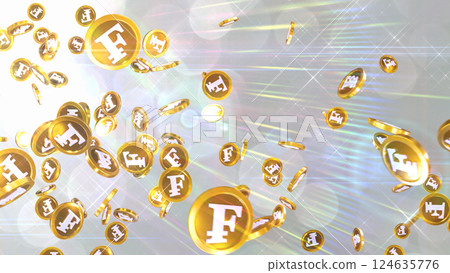 Swiss franc coins falling from the top left - silver background Swiss franc coins falling from the top left - silver background 124635776