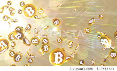 Bitcoins raining down from the top left - Gold background 124635785