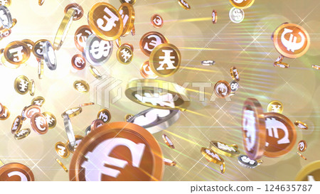 Various coins falling from the top left - gold background Various coins falling from the top left - gold background 124635787
