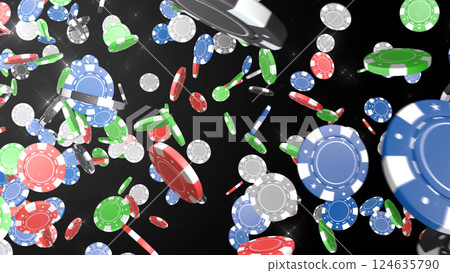 賭場籌碼從左上角落下 — — 黑色背景 賭場籌碼從左上角落下 — — 黑色背景 124635790