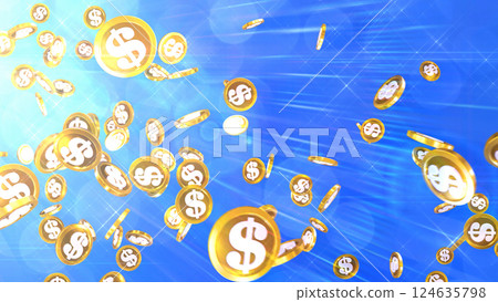 美元硬幣從左上角下雨 — — 藍色背景 美元硬幣從左上角下雨 — — 藍色背景 124635798