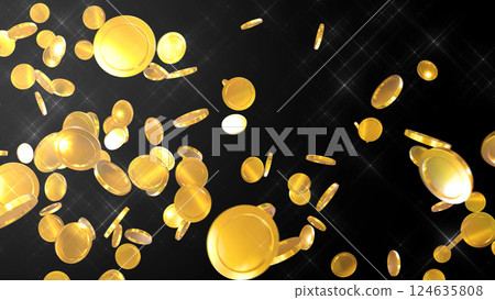硬幣從左上角落下 — — 黑色背景 硬幣從左上角落下 — — 黑色背景 124635808