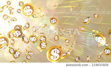 美元硬幣從左上角下雨 — — 金色背景 美元硬幣從左上角下雨 — — 金色背景 124635809