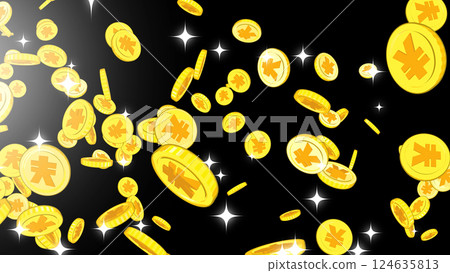 Yen coins falling from the upper left - black background Yen coins falling from the upper left - black background 124635813