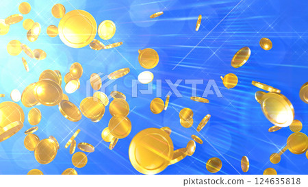 硬幣從左上角落下 — — 藍色背景 124635818