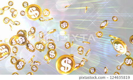 美元硬幣從左上角下雨 — — 銀色背景 124635819