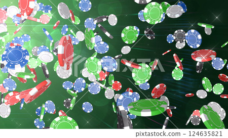 Casino chips raining down from the top left - Green background 124635821
