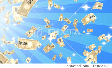 鈔票從左上角落下 — — 藍色背景 鈔票從左上角落下 — — 藍色背景 124635822