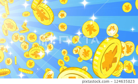 日圓硬幣從左上角落下 — — 藍色背景 日圓硬幣從左上角落下 — — 藍色背景 124635823
