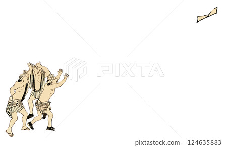 Message card material of a man whose hand towel has been blown away by the wind 124635883