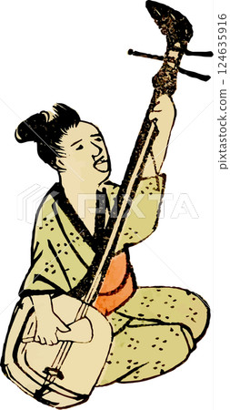 一位女子一邊彈奏三味線一邊唱歌的圖畫 124635916