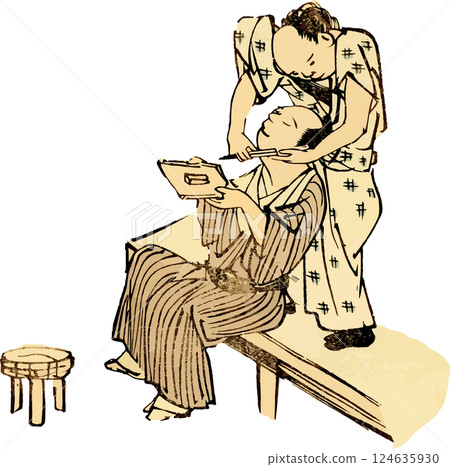 理髮店裡一位男士正在刮鬍子的素描 124635930