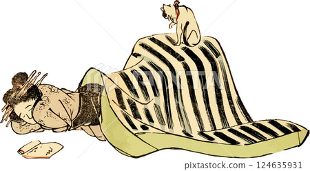 A loose drawing of a cat, a nap, and a kotatsu 124635931