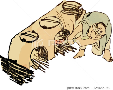 A loose drawing of a man lighting a fire in a stove 124635950