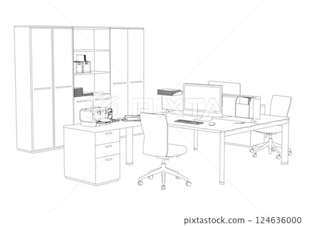 Outline of two office workplaces with computers and accessories from black lines isolated on white background. Perspective view. 3D. Vector illustration. 124636000