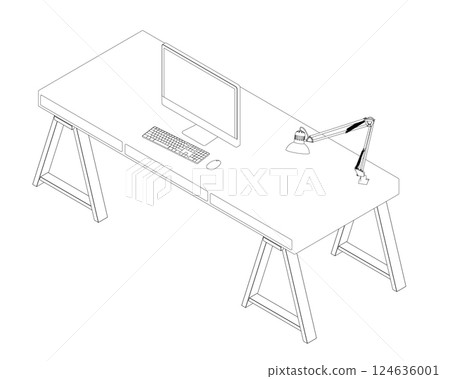 The contour of the workplace with a computer on the table and a lamp made of black lines isolated on a white background. Isometric view. 3D. Vector illustration. 124636001