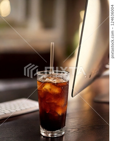 Computer and iced coffee 124636004