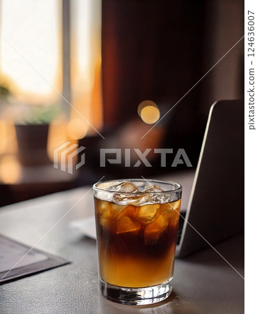 Computer and iced coffee 124636007