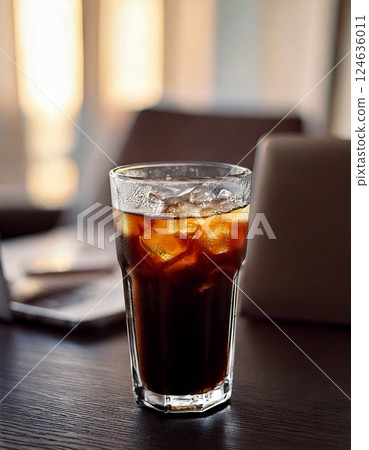 Computer and iced coffee 124636011