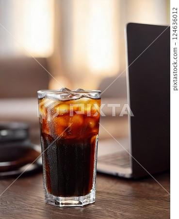 Computer and iced coffee 124636012