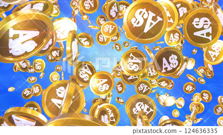 Scattered Australian dollar coins - blue background Scattered Australian dollar coins - blue background 124636335