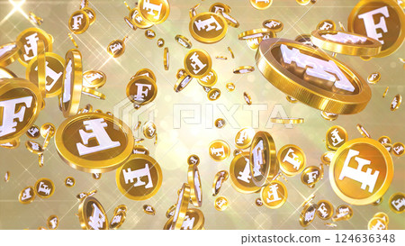 散落在周圍的瑞士法郎硬幣-黃金背景 124636348