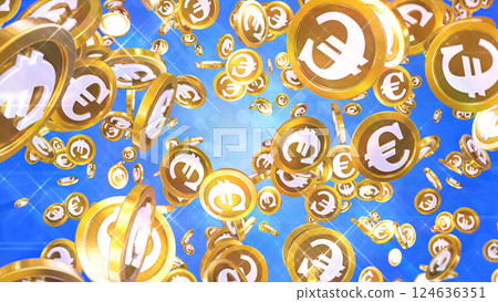 Scattered euro coins - blue background Scattered euro coins - blue background 124636351
