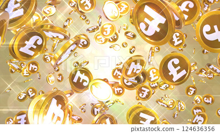 散落的英鎊硬幣 — — 黃金背景 124636356