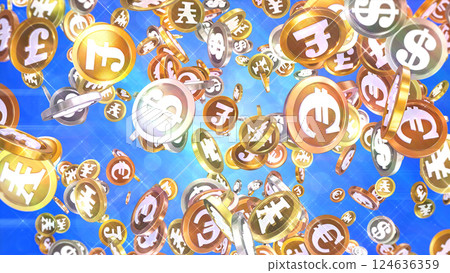 Various coins scattered around - blue background 124636359