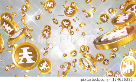 Scattered Yen coins - Silver background 124636385