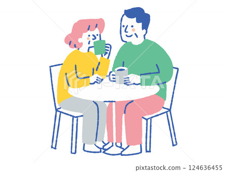 老年夫婦在咖啡館喝咖啡_顏色 124636455
